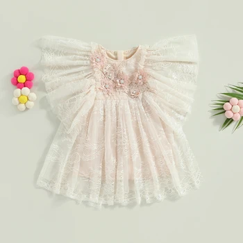 6M-4Y Mažylis Vaikai Baby Girl Vakarėlio suknelė Vasaros raukiniai Nėriniai 3D Gėlė Princesės gimtadienis Tiulio suknelės Kostiumai Drabužiai - Nuotrauka 1  
