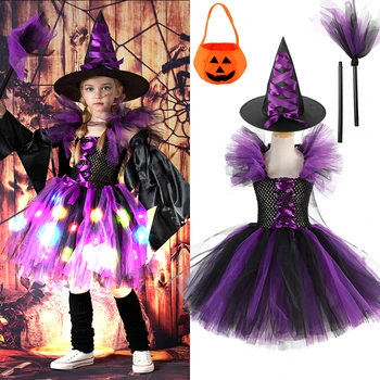 Hot 2-12Years Girls Halloween Cosplay Vampire Dress Up Carnival Children LED Luminous Fluffy Tulle Witch Broom Drabužių rinkinys - Nuotrauka 1  