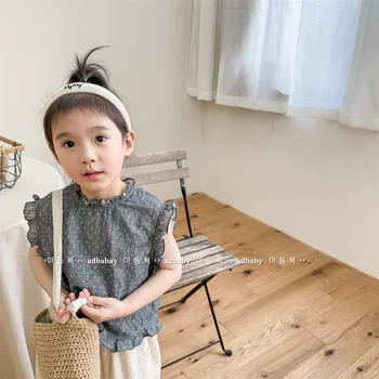 Korėjietiškas stilius 2023 m. vasaros naujos mergaitės plediniai marškiniai be rankovių vaikiški drabužiai raukiniai liemenės viršūnės Mada Mažyliai Vaikiškos palaidinės - Nuotrauka 1  