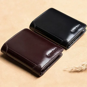 Naujo dizaino RFID vyriška piniginė natūralios odos vintažinė juoda piniginė vyrams mini kortelių laikiklis vyriškas trumpas 3 raukšlės - Nuotrauka 1  