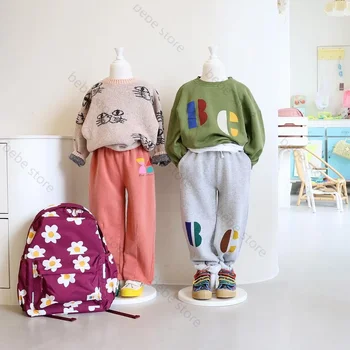 Vaikų megztiniai BC mergaitės ins vėjo spalvų raidžių spausdinimas ir aksominės megztinės sportinių kelnių kostiumas 2023 metų rudenį ir žiemą - Nuotrauka 1  