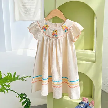 baby girls dress cotton vaikiška suknelė Išskirtinė spalvinga meškos siuvinėta suknelė trumpomis rankovėmis - Nuotrauka 1  