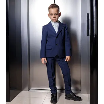 Vaikiški drabužiai 2 dalių prabangus oficialus kostiumas berniukams Uniforminiai kostiumai Elegantiškas dviejų sagų įpjovos apykaklės viršūnės ir kelnės - Nuotrauka 1  