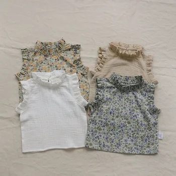 elnias jonmi 2022 Vasaros mažyliai Vaikai Gėlėmis marginti marškiniai be rankovių Ruched Liemenių viršūnės Baby Children Korėjietiško stiliaus palaidinės - Nuotrauka 1  