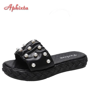 Aphixta 2022 Vasaros platforma Plokščias kulnas Šlepetės Moterys Juodas plisuotas didelis perlas Flip Flops Skaidrės Dizainas Šlepetės Mulų batai - Nuotrauka 1  