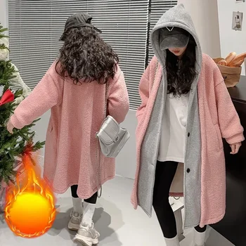 2023 Žiemos naujas mergaičių megztinis Ruduo/Žiema Sutirštintas korėjietiškas gobtuvas su gobtuvu Netikras dviejų dalių kailis - Nuotrauka 1  