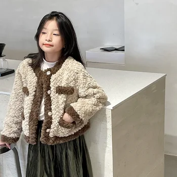 Girls Coat Girl Fur Coat 2023 Ruduo ir žiema Naujas korėjietiško stiliaus vaikų ėriuko vilnos klipas Medvilninis pliušinis viršutinis mergaičių paltas - Nuotrauka 1  