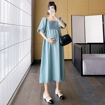 Elegantiška kvadratinė apykaklė Suknelė motinystei Vasarinė pūstomis rankovėmis Ilgos laisvos nėščios moterys Trumpa suknelė Elegantiški biuro ponios drabužiai - Nuotrauka 1  