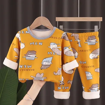 Šiltas vaikiškas kostiumas Berniukai Mergaitės Pižamos Ruduo Žieminiai drabužiai ilgomis rankovėmis Animacinis filmas 1-7 metų vaikai plius aksominės kelnės Unisex - Nuotrauka 1  