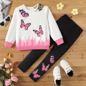 PatPat 2vnt Kid Girl Butterfly Print Colorblock Iškirpkite džemperį ir elastinių antblauzdžių rinkinį - Nuotrauka 1  