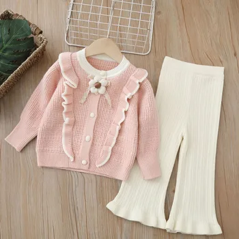 New Girls Two Piece Sets Spring Autumn Sweater Top Flower Sweet Fahion Soft Outdoor All-match Girls Pant - Nuotrauka 1  