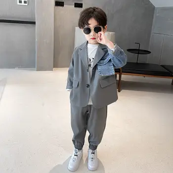 2023 Fashion Boys Spring Autumn Formal Blazer Set Korean Casual Clothing Suit Flower Boy Performance Kostiumas Vaikiškas paltas ir kelnės - Nuotrauka 1  