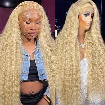 613 Honey Blonde Curly Human Hair Wig Deep Wave Frontal Wigs HD Transparent 150 Density 13x4 Nėrinių priekis Brazilijos perukai - Nuotrauka 1  