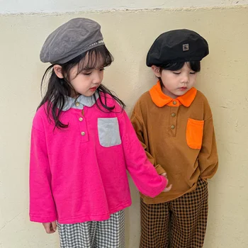 Unisesx Kids kontrastinės spalvos megztinis ilgomis rankovėmis Mergaičių polo apykaklės medvilniniai marškinėliai Berniukai laisvi patogūs Trišakiai - Nuotrauka 1  