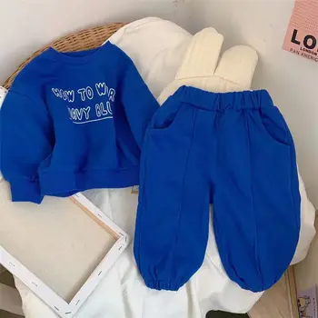Pavasario rudens berniukų laiškų spausdinimas Mėlynas sportinis kostiumas Unisex Sportinė apranga Mergaičių drabužių komplektas Vaikų laisvalaikio komplektai Apranga Gobtuvai ir kelnės - Nuotrauka 1  