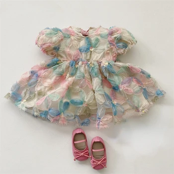Nauja suknelė kūdikiams Vaikiškų drabužių vakarėlis Princesė trumpomis rankovėmis Gėlių tiulis Mergaitės Vaikai Vestuvės Gimtadienio suknelės - Nuotrauka 1  