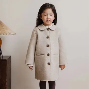 kids šiltas paltas kūdikių mergaičių drabužiai Grynas rankų darbo aukštos kokybės dvipusis vilnonis paltas - Nuotrauka 1  