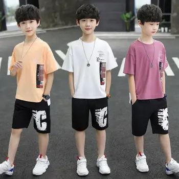 Boys Summer Fashion Cotton Short Suits 4 6 8 10 12 Years Boys Korean Style marškinėliai+Šortai Kelnės 2vnt Komplektai Vaikiški drabužiai - Nuotrauka 1  