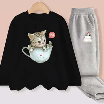 Aimi Lakana Vaikų pavasario rinkiniai Taurė Cat Kitty marškinėliai Merginos drabužiai ilgomis rankovėmis Laisvalaikio animacinių suknelių kostiumas - Nuotrauka 1  
