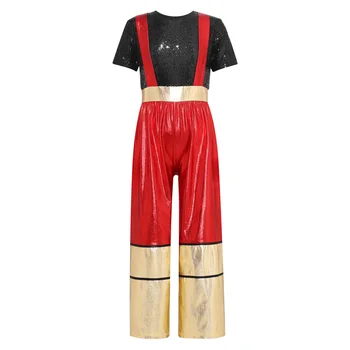 Black Red Kids Fireman Cosplay kostiumas Blizgantys blizgučiai trumpomis rankovėmis Ilgas kombinezonas aukštu juosmeniu su petnešomis Helovino vakarėliui - Nuotrauka 1  