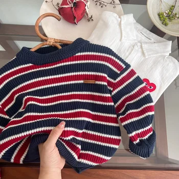 Vaikiškas megztinis 2023 Rudens naujas berniukų ir mergaičių kontrastas Spalvotas dryžuotas megztinis Kūdikių ženklinimas Megztinis Banga - Nuotrauka 1  