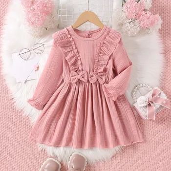 Rudens mergaičių suknelė 2023 Mažylis Baby Kid Girls Solid Ruffles Bow Dress Casual Clothes Vestido Infantil Princess Girls Drabužiai - Nuotrauka 1  