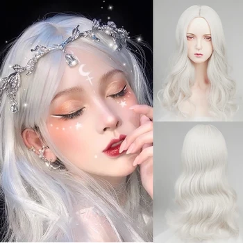Baltas banguotas garbanotas sintetinis ilgas moteriškas perukas Lolita Cosplay Natūralūs pūkuoti plaukai karščiui atsparus perukas kasdieniam vakarėliui - Nuotrauka 1  