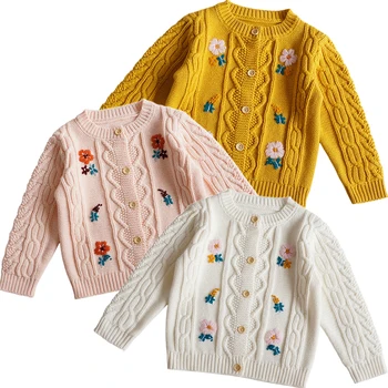 Baby Girl ilgomis rankovėmis megztas megztukas Kūdikis Rudens megztinis Princesė Gėlių siuvinėjimas Megztinis Mergaitės Megztas švarkas Drabužiai - Nuotrauka 1  