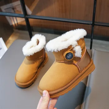 Vaikiški odiniai sniego batai mergaitėms Berniukas Kulkšnis Žieminių batų mygtuko dizainas 2023 m Vaikiški šilti kailiniai gremėzdiški batai lauke 26-36 Juoda - Nuotrauka 1  