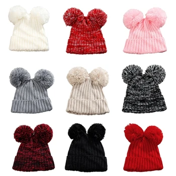 Baby Knit Hat Cosy Toddlers Žieminė kepurė su Double Pom Pom Design K1KC - Nuotrauka 1  