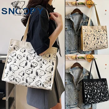 New Snoopy Canvas Bag Printing Large Capacity Ladies Shoulder Bag Fashion Casual Anime Peripheral Zipper Shopping Bag Tote Tote Tote - Nuotrauka 1  