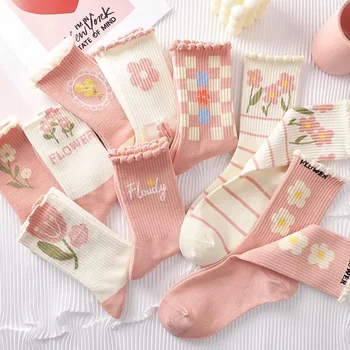 Japonų Harajuku stiliaus Kawaii moteriškos kojinės Medvilnė su braškėmis ir gėlėmis Juokingos ir rožinės kojinės Moterys - Nuotrauka 1  