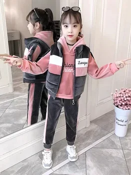 2023 žiemos mergaičių sportinis kostiumas Rudens mažylis Paauglys Drabužiai aksominė striukė liemenė + gobtuvas + juostelė Kelnės Vaikai Vaikai 10 11 12 metų - Nuotrauka 1  