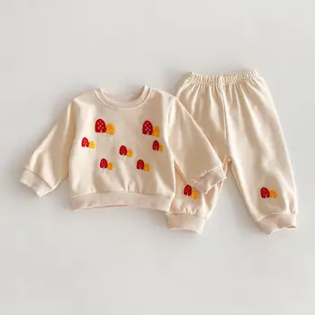 2024 Pavasario ruduo Naujas berniukas Kūdikių siuvinėjimas Medis Džemperis + Sportinės kelnės 2vnt Mergaitės Vaikai Medvilnės Mados Viršūnės Tinka Vaikų Apranga - Nuotrauka 1  