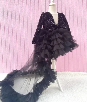 Couture Tutu chalatas su nuimama uodega Juodas tiulis Blizgučiai Baby Pageant frock Gėlių mergaitės suknelė Pirmosios komunijos vakarėlis Gimtadienis - Nuotrauka 1  