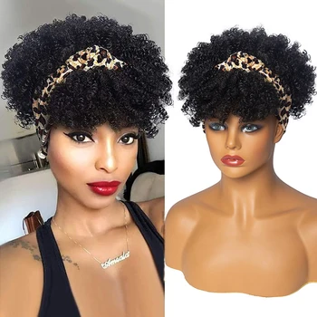 Soft Kinky Curly Headband Wig Short Afro Kinky Curly Turban Wrap Wigs for Women 10'' Synthetic Afro Curly Wig with Scarf Cosplay - Nuotrauka 1  