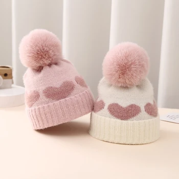 Minkšta siuvinėta širdies kepurė Žieminė šilta plaukų kamuoliuko kepurė kūdikiui pilka/balta/rožinė - Nuotrauka 1  