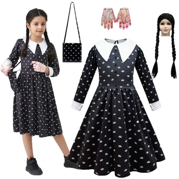 Trečiadienis Adams Cosplay mokyklos uniforma Mergaitė Addams šeimos kostiumas Rankų gotikiniai drabužiai Juoda suknelė Perukas vaikams Mergaičių drabužiai - Nuotrauka 1  