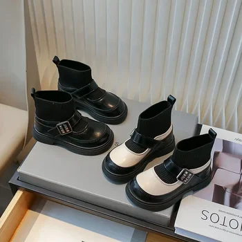 Mergaičių trumpi batai Nauja vaikų mada Megztas sujungtas juodas aksomas Šiltos žieminės kojinės Batai Mergaičių universalūs odiniai batai - Nuotrauka 1  