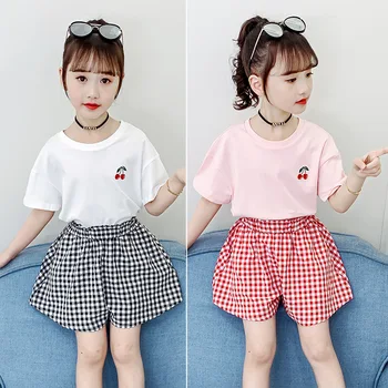 Korėjos vaikų drabužiai 2023 Vasara 2vnt Kostiumas Junior Girl marškinėliai O-Neck Tops Elementary Girl Shorts Kelnės Teen Girl Komplektai - Nuotrauka 1  