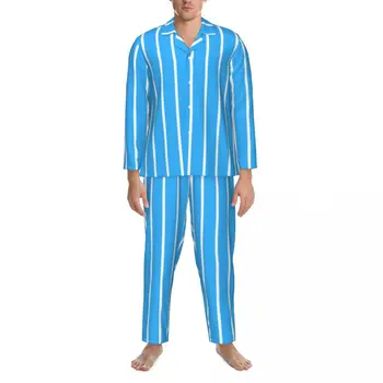 Vertikalūs dryžuotų pižamų rinkiniai Mėlyna ir balta Kawaii miego drabužiai ilgomis rankovėmis Kasdienis 2 vnt. Naktiniai drabužiai Didelis dydis XL 2XL - Nuotrauka 1  