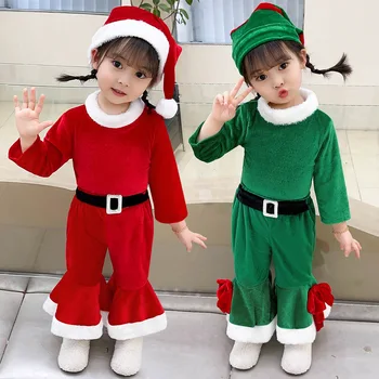 Vaikai Kalėdiniai drabužiai Baby Girls Boys Cosplay kostiumas Vaikiški suknelės Vakarėlio drabužiai Raudona žalia ilgomis rankovėmis Komplektai plius Aksominė Ropa - Nuotrauka 1  