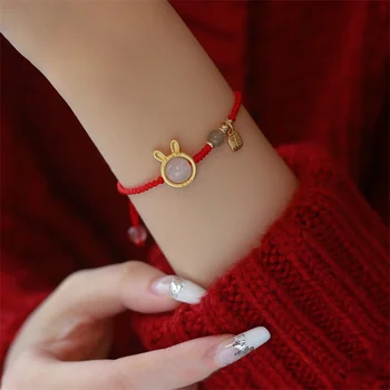 Fashion Gold Color Triušio apyrankė moterims Fu Bless Red Rope Opal Lucky Bracelets Bangles Papuošalai - Nuotrauka 1  