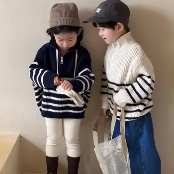 2023 Ruduo Nauji korėjietiški vaikiški drabužiai Stripe Megztukas Megztukas Pusiau aukštu kaklu megztinis Mamytės ir dukros derantys drabužiai - Nuotrauka 1  