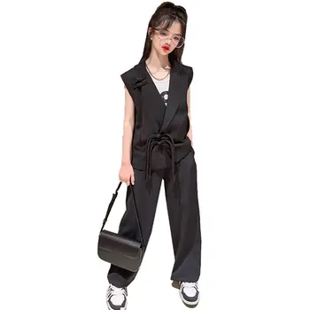 2023 Pavasario vasaros mergaičių švarko kostiumas Naujas kinų stiliaus dizainas Berankovės viršūnės+Kelnės Mažylis Dviejų dalių mados vaikiškų drabužių rinkiniai - Nuotrauka 1  