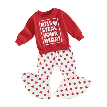 Baby Toddler Baby Girl Valentino apranga Sweet Heart džemperis Megztinis Megztinis Top Heart Flare Kelnės Varpelio apačia Komplektas - Nuotrauka 1  