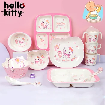 Hello Kitty Baby Tableware Set Cute Kids Bowl Plate Feeding Food Tableware Melamine Anti-Hot Training Plate Dinner Gifts - Nuotrauka 1  