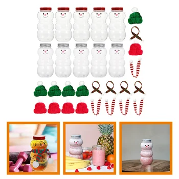 Kalėdiniai sniego senio gėrimų buteliai Tušti sulčių buteliai su skrybėlėmis ir šalikais Sniego senio gėrimų buteliai Stiklainiai - Nuotrauka 1  