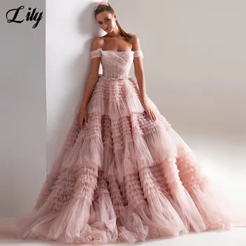 Lily Pink Net Oficiali suknelė Pakopinis sluoksnis Suknelė be petnešėlių vestuvėms nuo peties Ypatinga proga Suknelės chalatas Soirée - Nuotrauka 1  