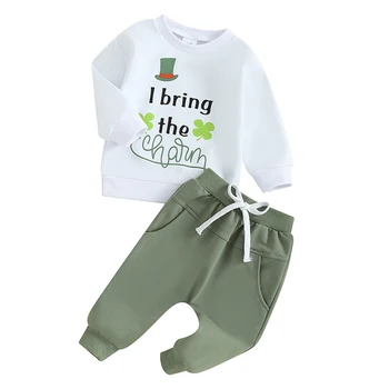 Naujagimis kūdikis berniukas St Patrick s Dieninės kelnės Apranga Žalias Shamrock Print džemperis su elastine juosmens raišteliu - Nuotrauka 1  